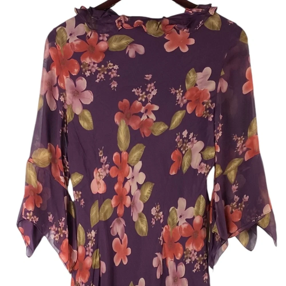 Adrianna Papell Sz 16 XL Midi Dress Floral 100% SILK Maroon Party Holiday - Picture 3 of 5